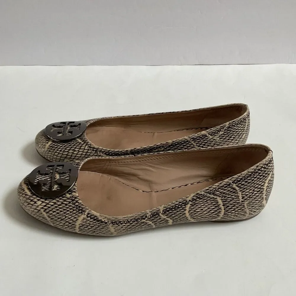 Tory Burch Reva Snakeskin Python Embossed Ballet Flats Sz 8M medallion Logo
